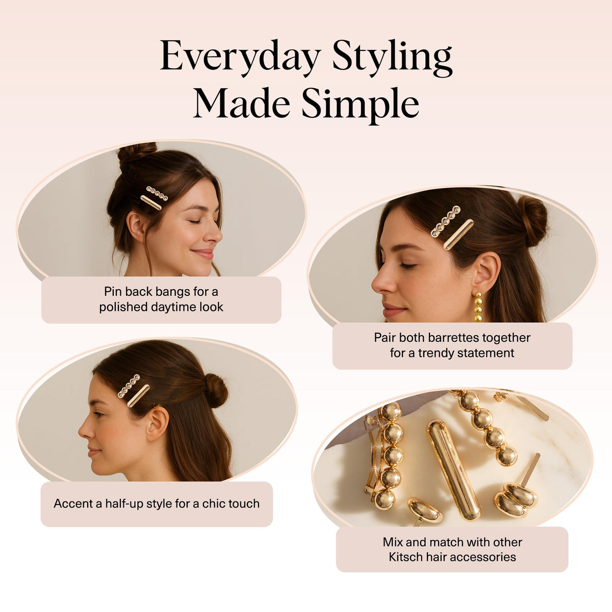 Kitsch Gold Hair Barrettes styled in an updo hairstyle