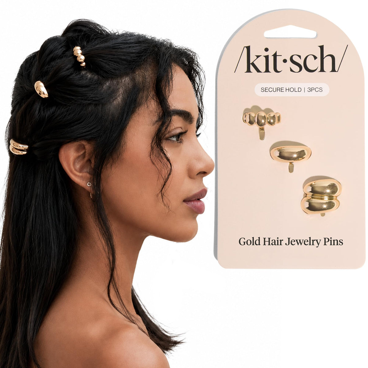 Kitsch Gold Hair Jewelry 3 stackable pins front view