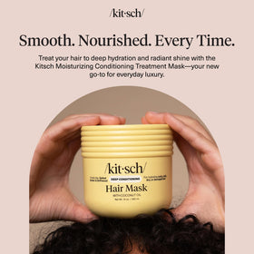Kitsch hair mask on a bathroom shelf
