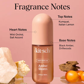 Kitsch Hair Perfume Amber Shores 50mL with floral background