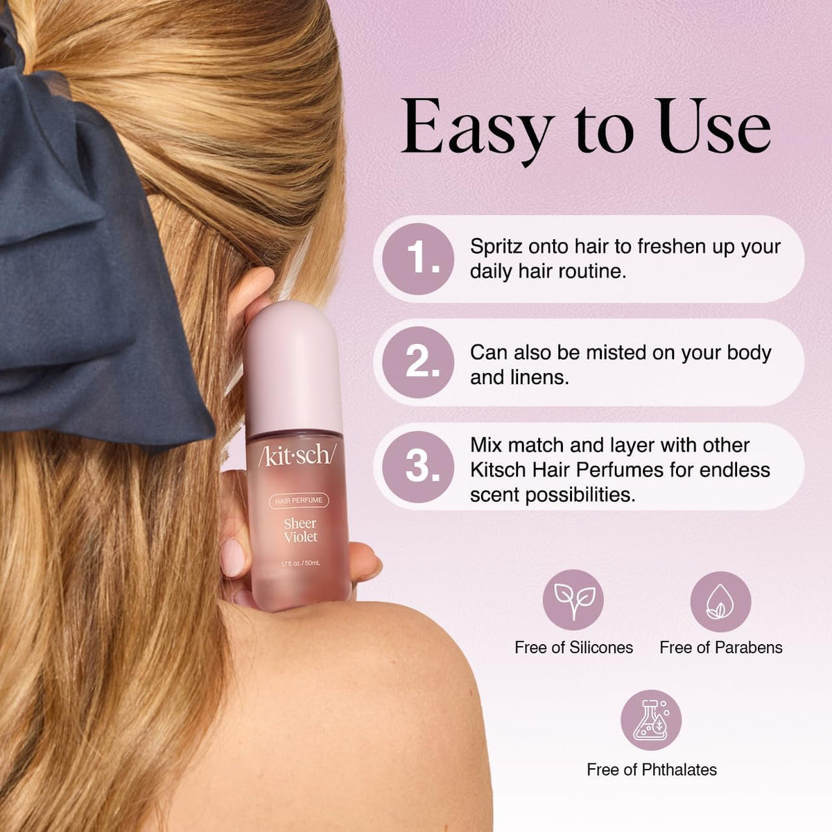 Kitsch Hair Perfume Sheer Violet 50mL mist spray in use