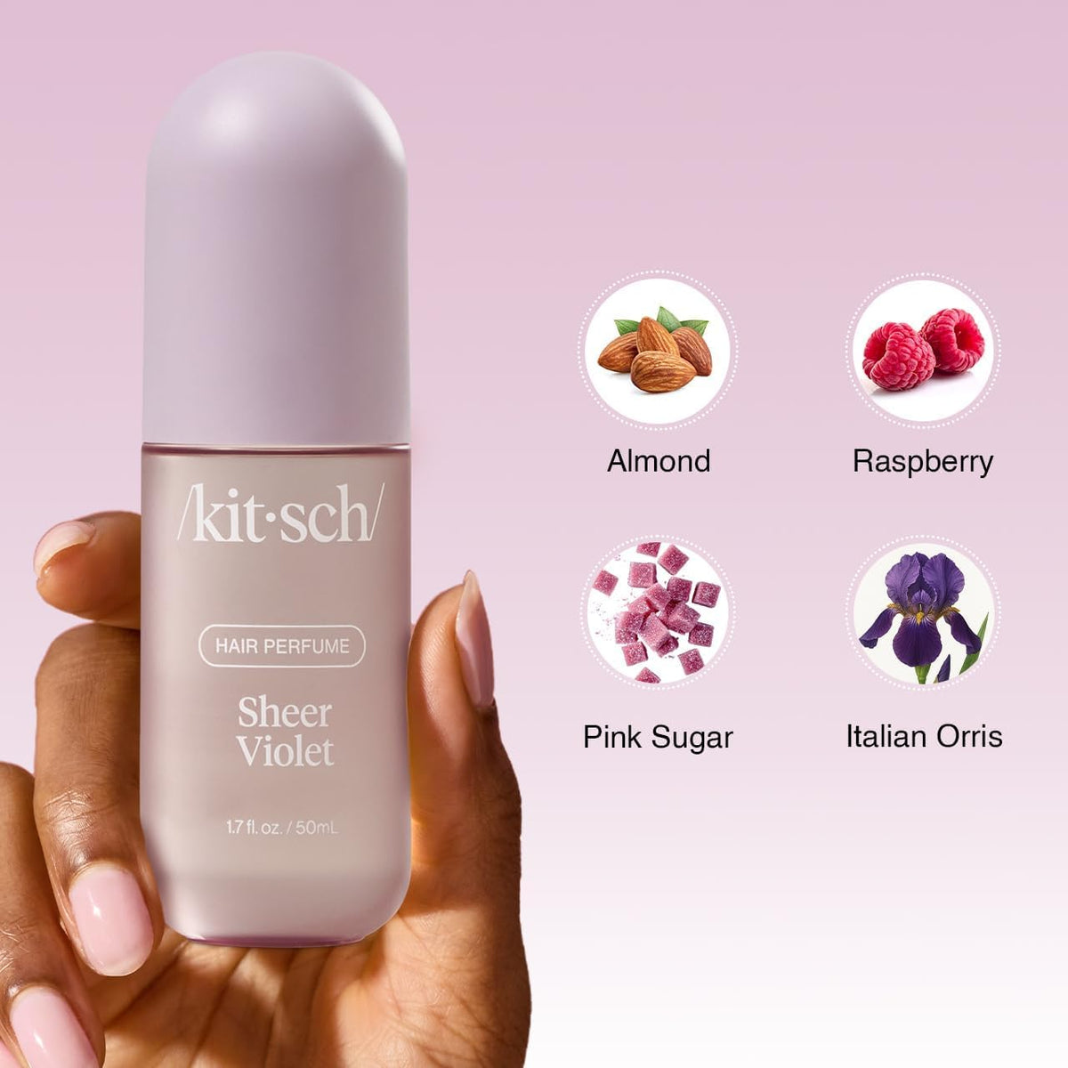 Kitsch Hair Perfume Sheer Violet 50mL with floral background