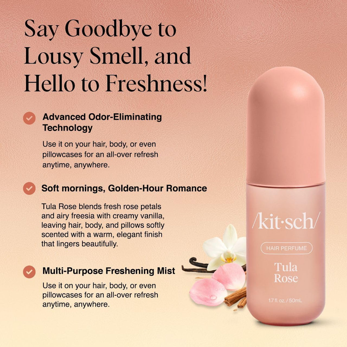 Kitsch Hair Perfume Tula Rose 50mL bottle with floral background