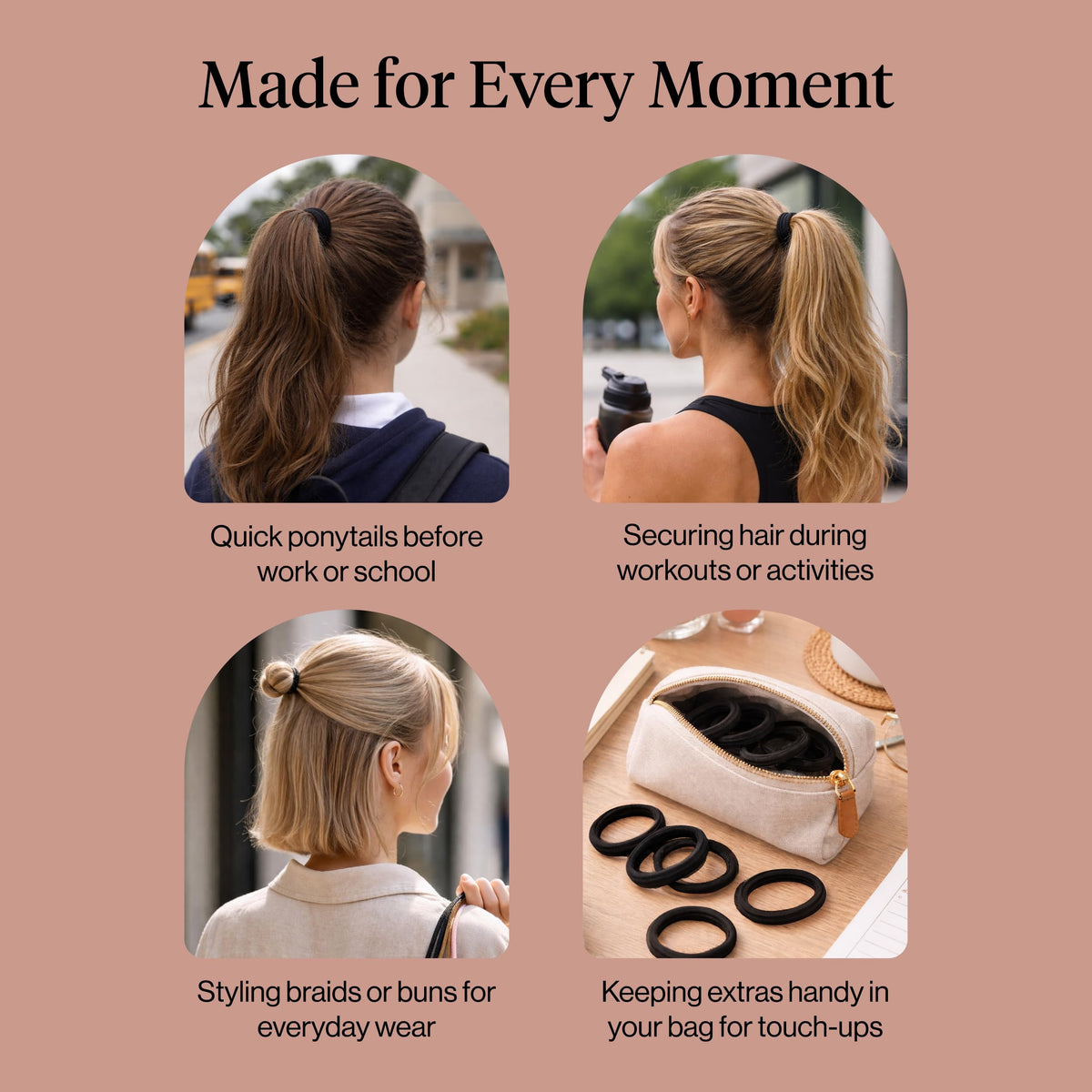 Kitsch hair ties being used in a ponytail