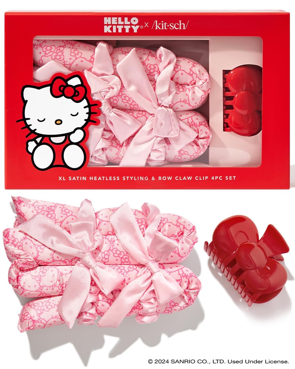 Kitsch Hello Kitty Satin Flexi Rods 4pc Set with bow clip