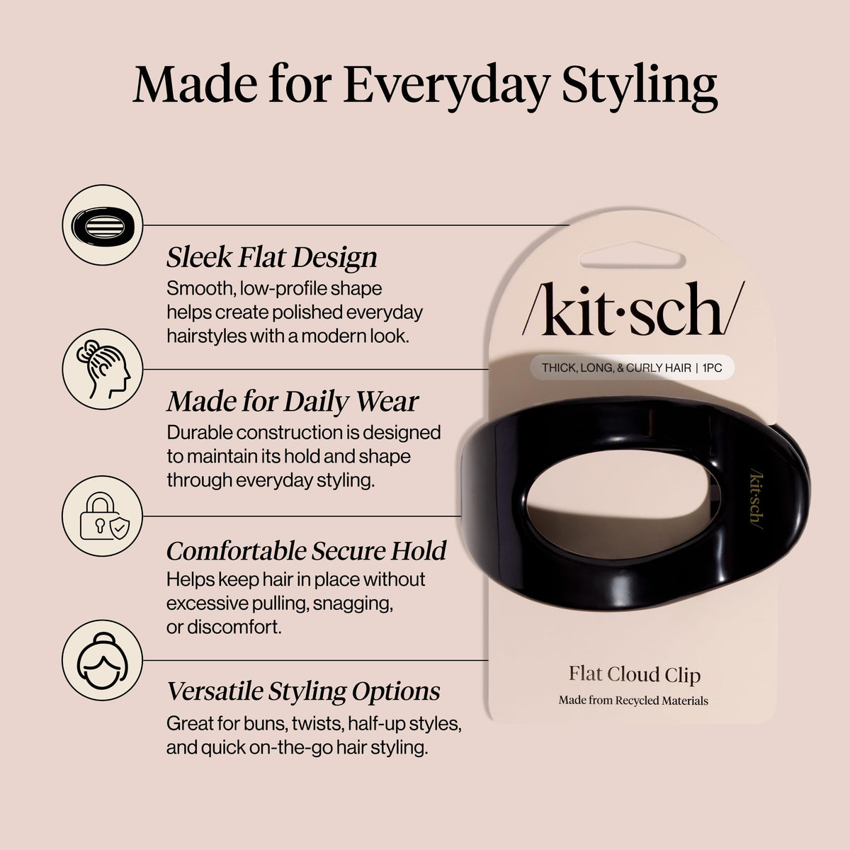 Kitsch Large Flat Claw Clip in black, on a table