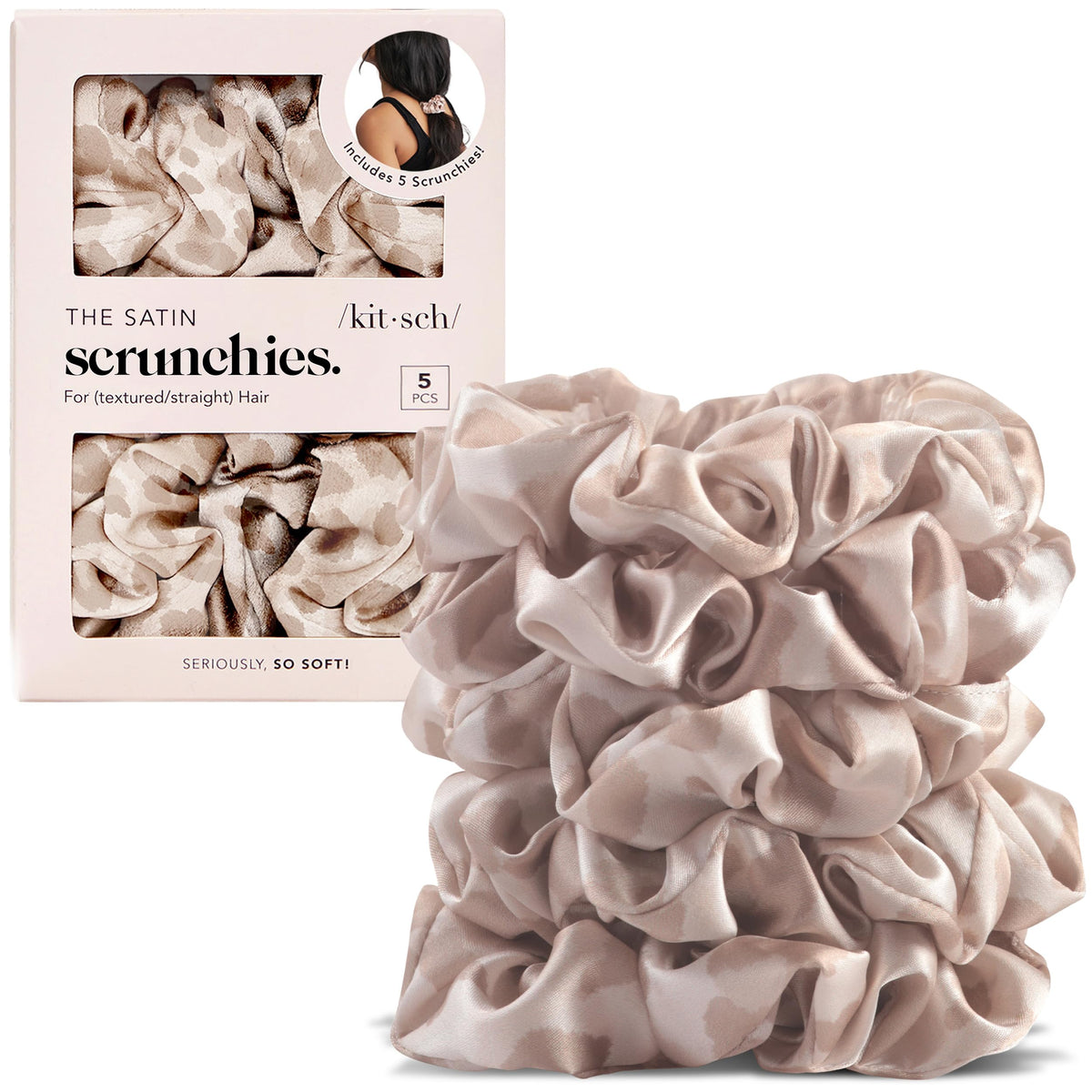 Kitsch leopard print satin scrunchies set of 5 front view