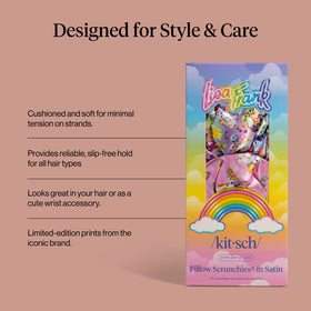 Kitsch Lisa Frank satin scrunchies in a bun hairstyle