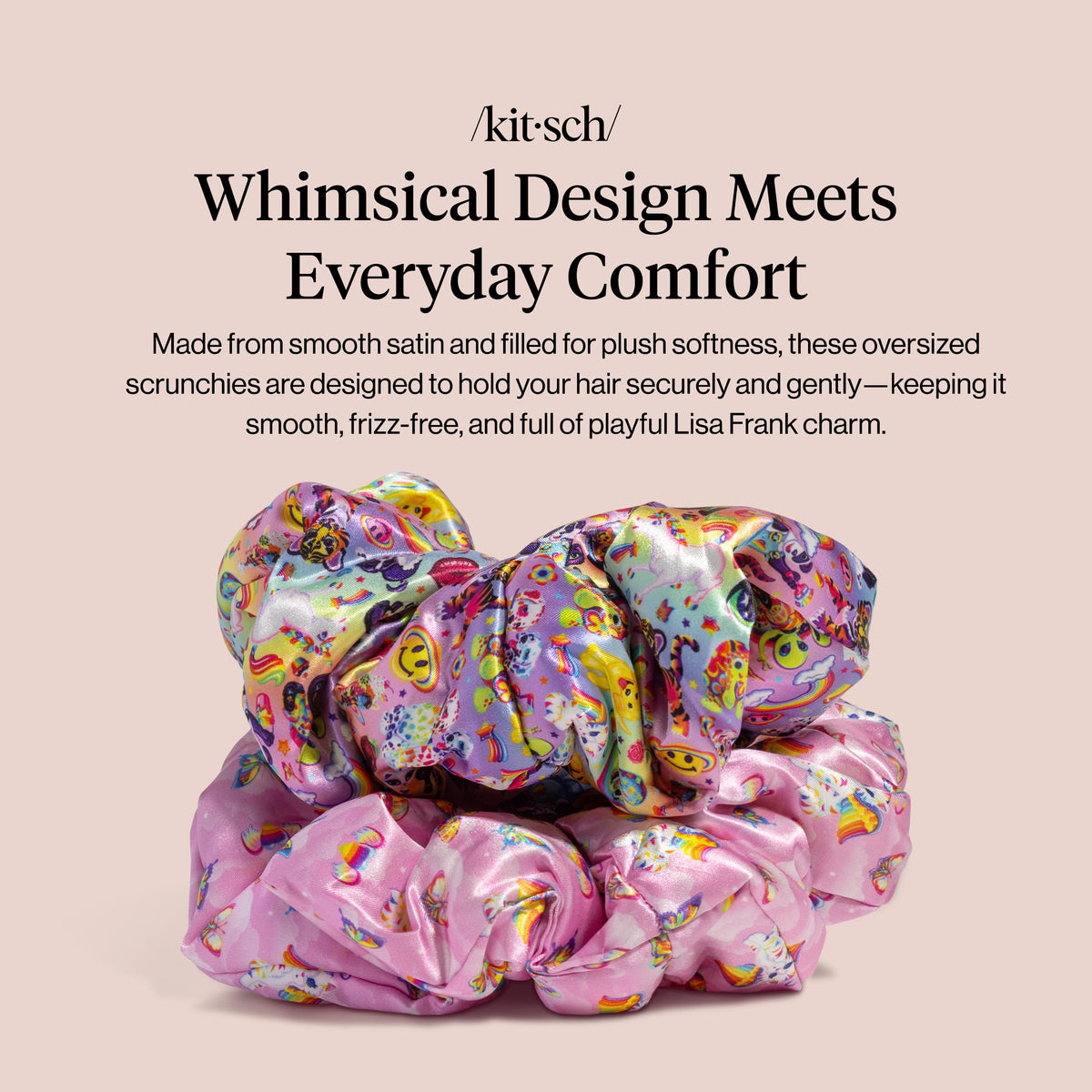 Kitsch Lisa Frank satin scrunchies in a stylish ponytail