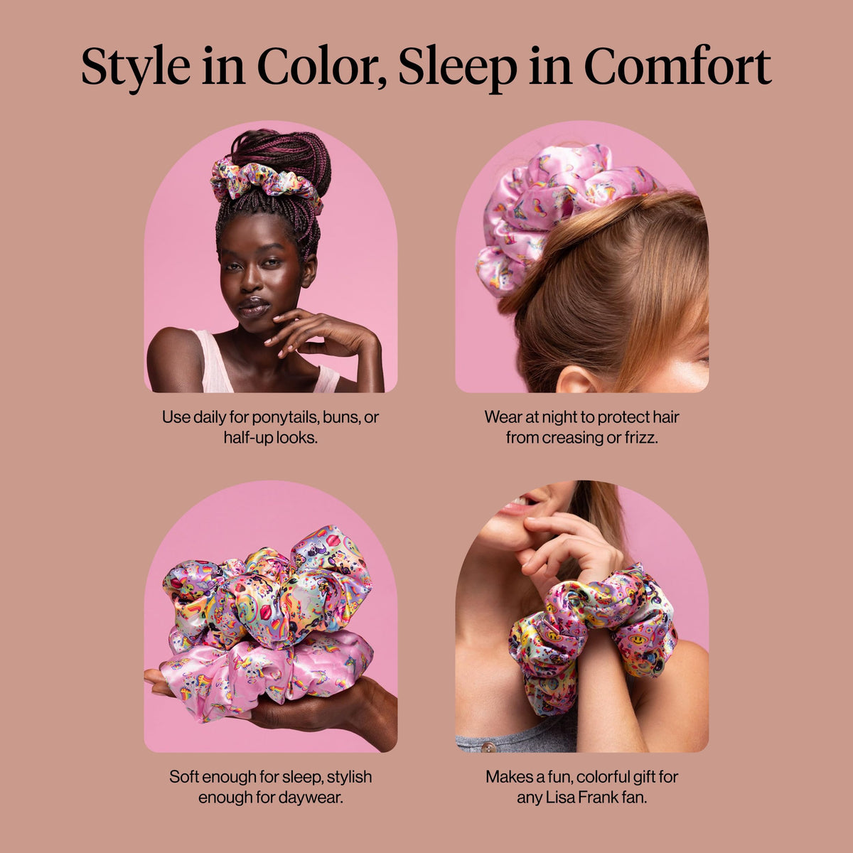Kitsch Lisa Frank satin scrunchies in use during exercise