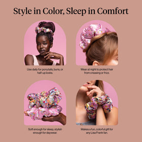 Kitsch Lisa Frank satin scrunchies in use during exercise