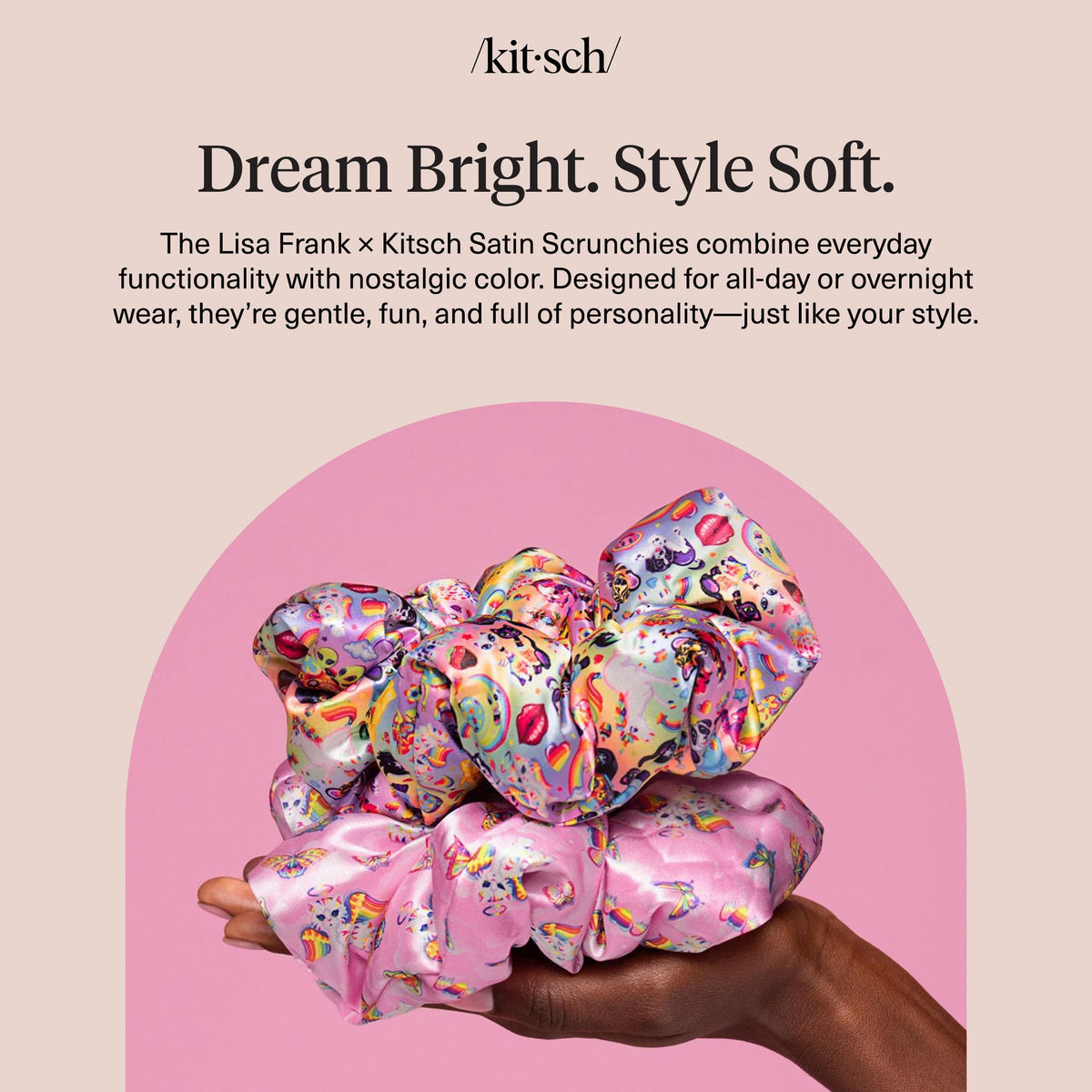 Kitsch Lisa Frank satin scrunchies laid out with vibrant background