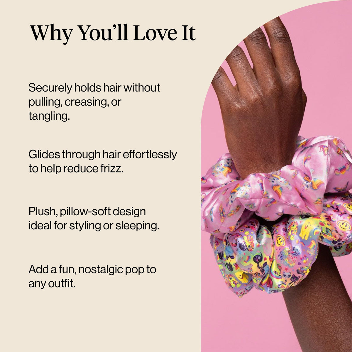 Kitsch Lisa Frank satin scrunchies on a flat surface with packaging