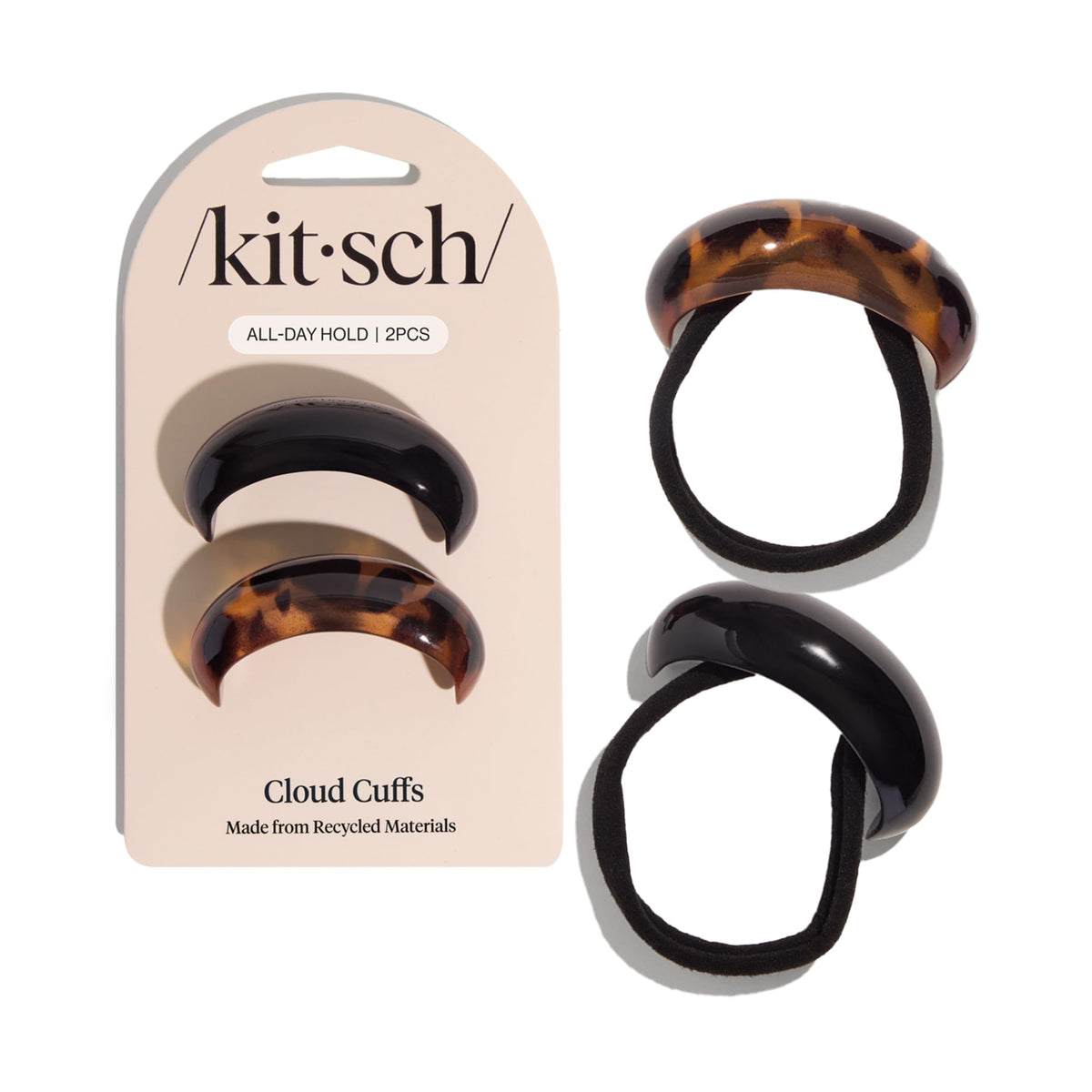 Kitsch Medium Hair Cuffs in black and tortoiseshell design, front view
