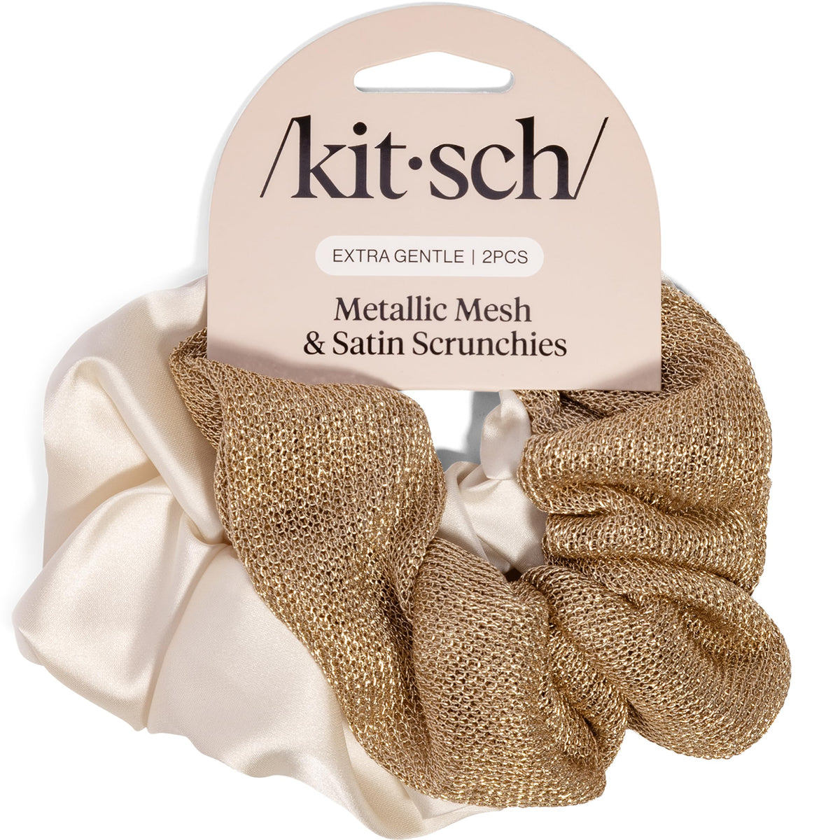 Kitsch Metallic Mesh & Satin Scrunchies cream and gold front view