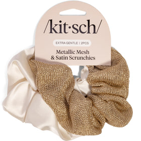 Kitsch Metallic Mesh & Satin Scrunchies cream and gold front view