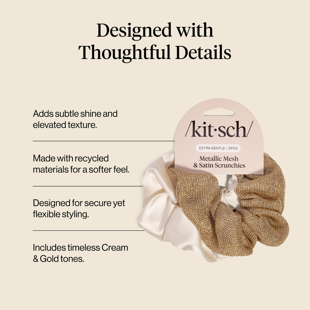 Kitsch Metallic Mesh & Satin Scrunchies displayed on a table
