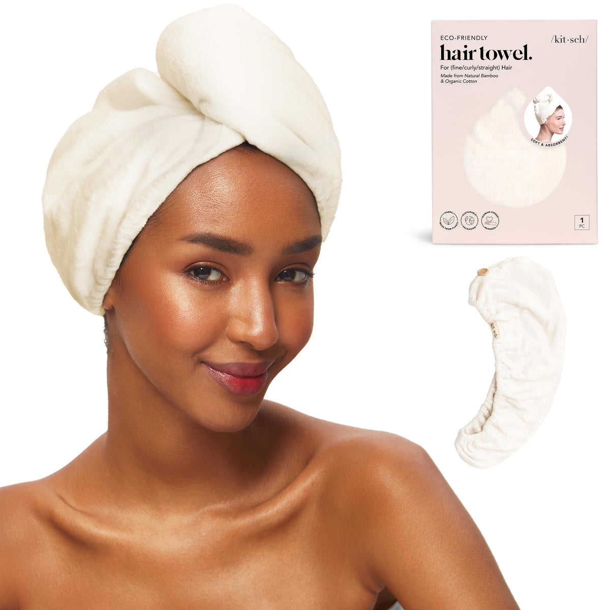 Kitsch Microfiber Hair Towel Wrap front view in White Ivory