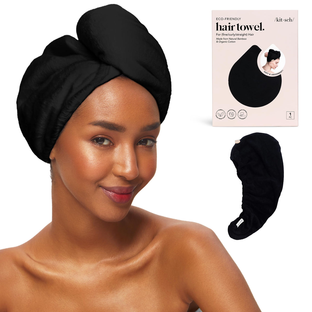 Kitsch Microfiber Hair Towel Wrap in black, front view