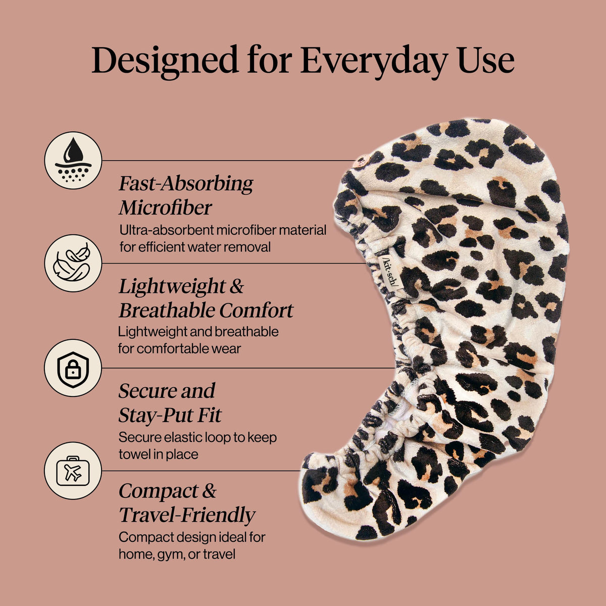 Kitsch Microfiber Hair Towel Wrap Leopard in use after shower