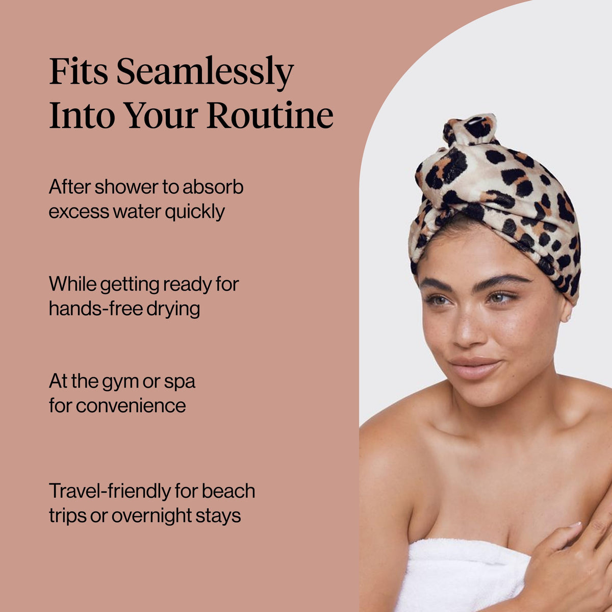 Kitsch Microfiber Hair Towel Wrap Leopard on a bathroom counter