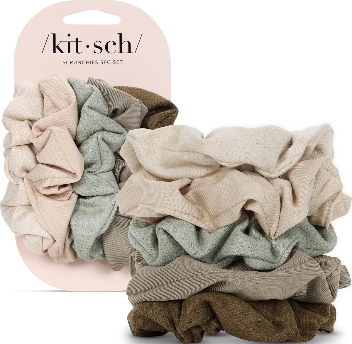 Kitsch Moss Green scrunchies pack front view with five assorted scrunchies