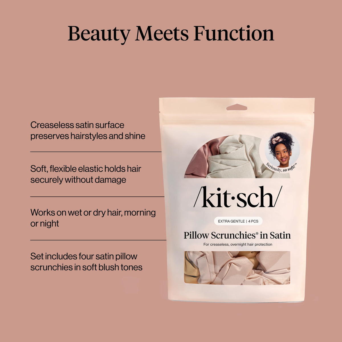 Kitsch Pillow Satin Scrunchies in blush, side view