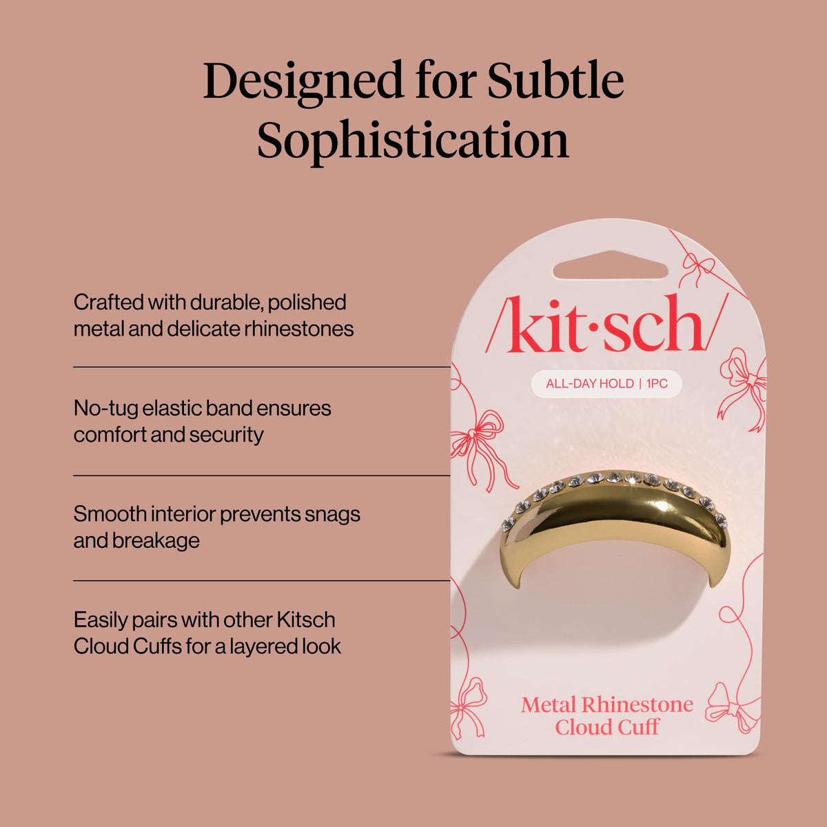 Kitsch Rhinestone Gold Hair Cuff worn in a ponytail for a chic look