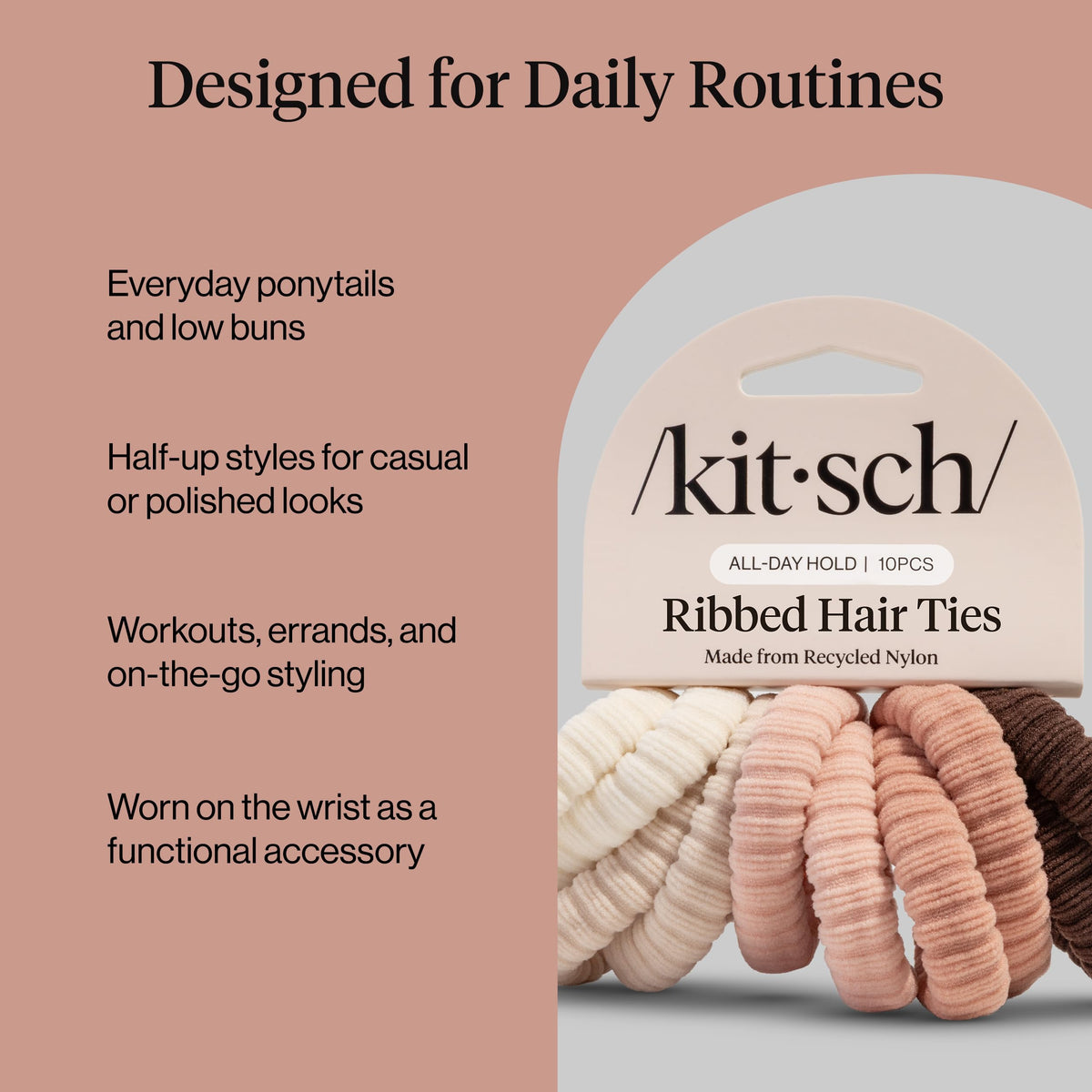 Kitsch Ribbed Hair Ties Blush close-up of texture