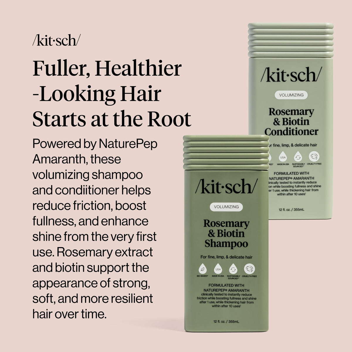 Kitsch Rosemary & Biotin Shampoo and Conditioner on a bathroom shelf