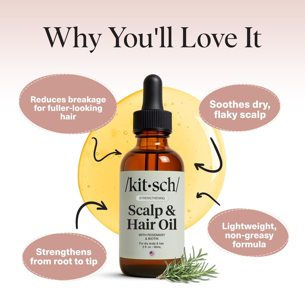 Kitsch Rosemary Oil with ingredients like rosemary, castor oil, and biotin