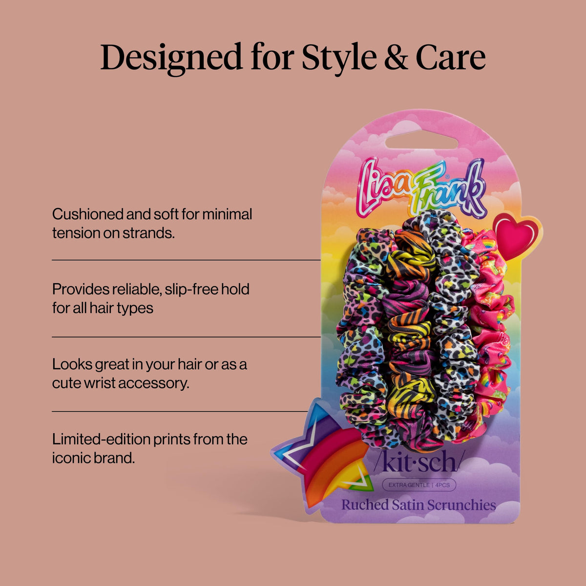 Kitsch Ruched Satin Scrunchies Rainbow Leopard in a bun