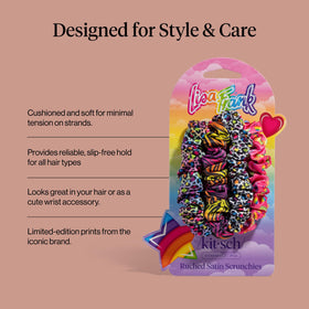 Kitsch Ruched Satin Scrunchies Rainbow Leopard in a bun