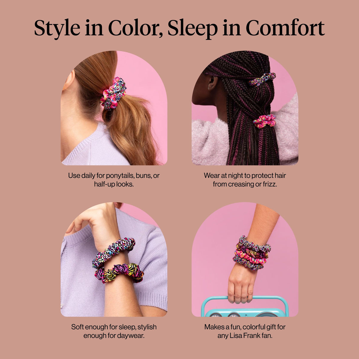 Kitsch Ruched Satin Scrunchies Rainbow Leopard lifestyle scene