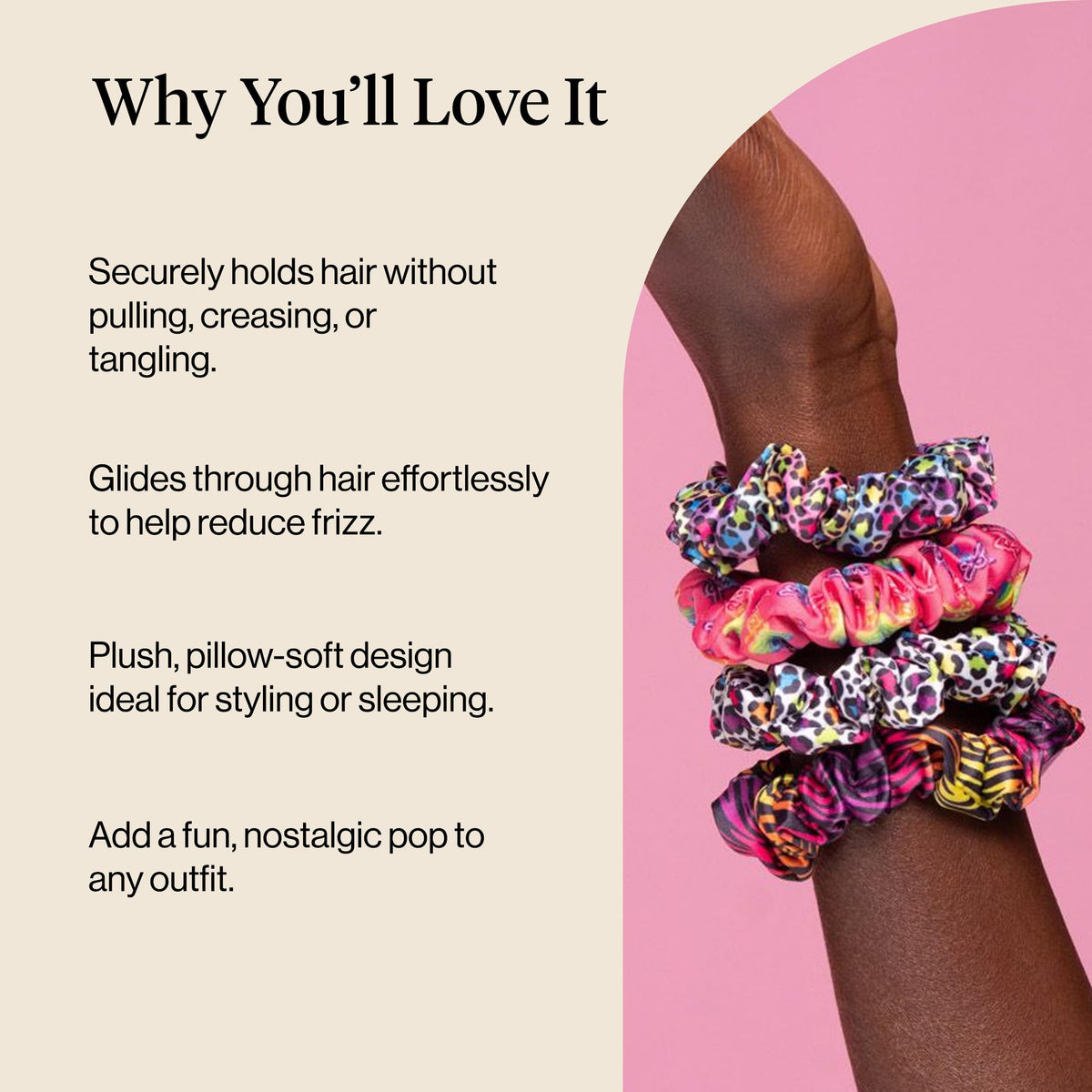 Kitsch Ruched Satin Scrunchies Rainbow Leopard on a wrist