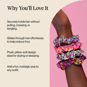 Kitsch Ruched Satin Scrunchies Rainbow Leopard on a wrist