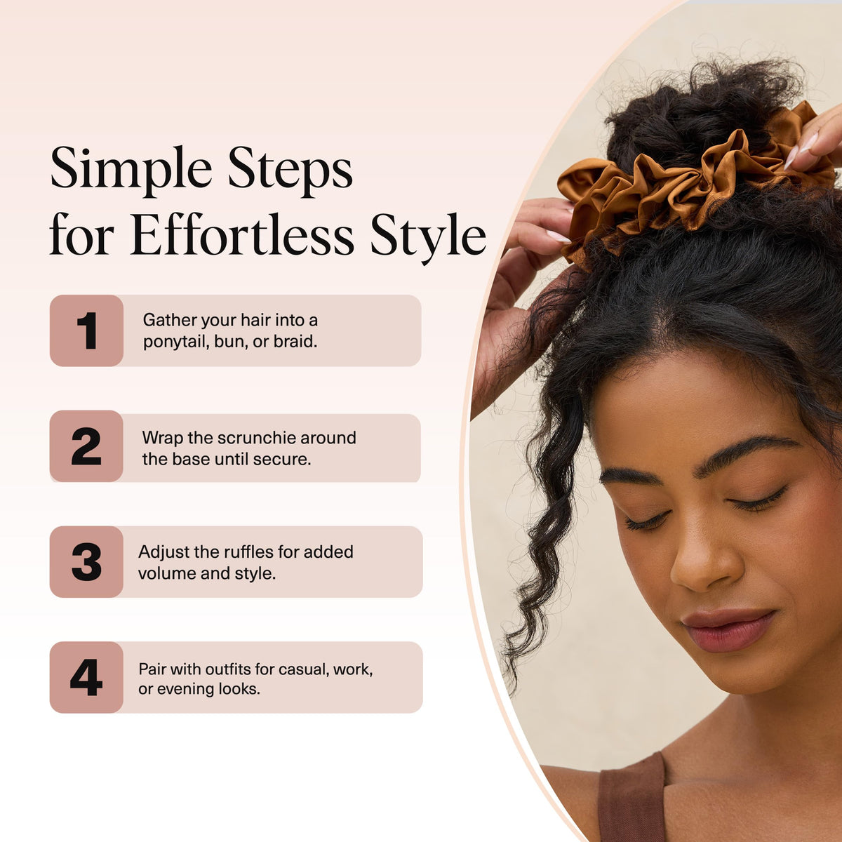 Kitsch Ruffle Satin Scrunchie Camel displayed with other accessories