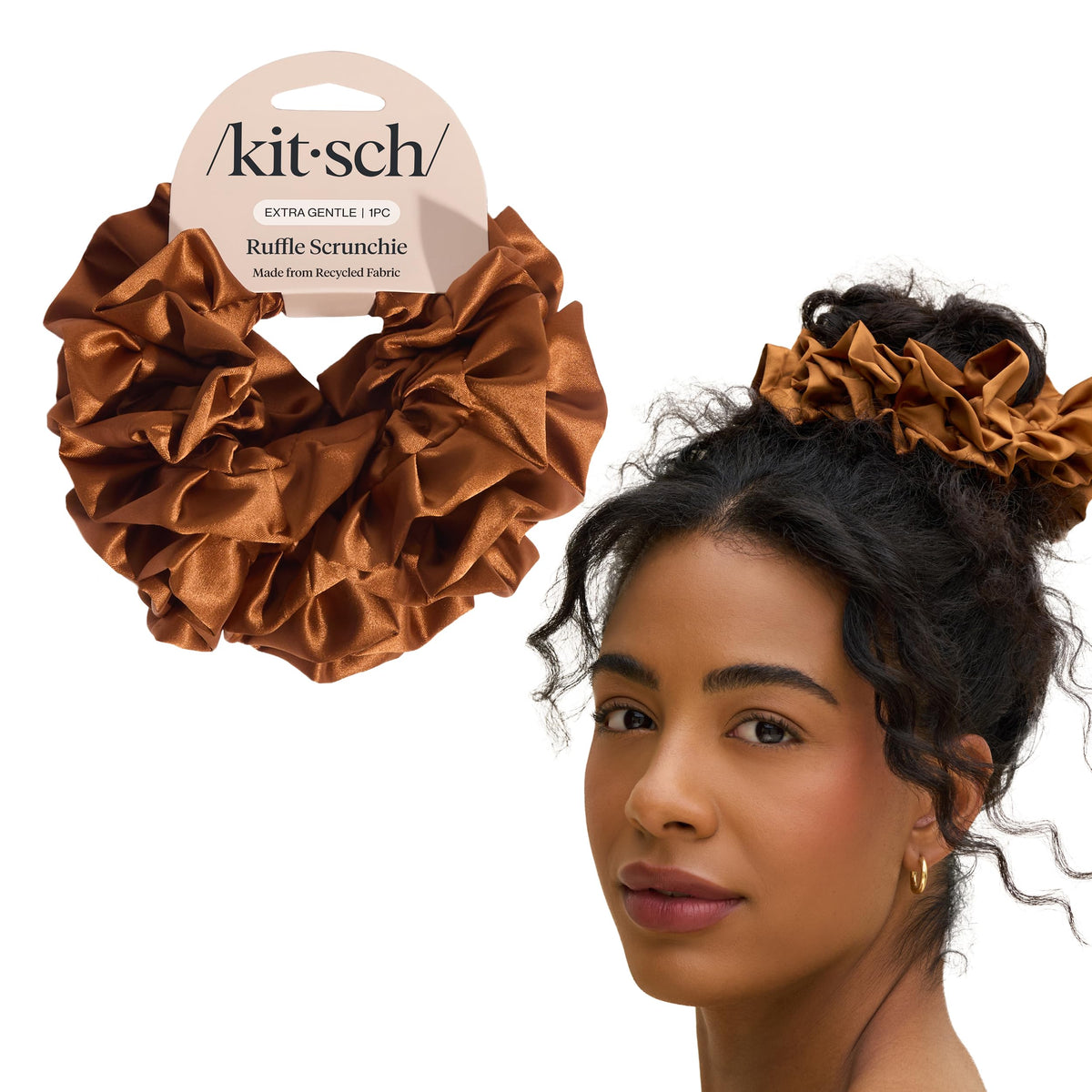 Kitsch Ruffle Satin Scrunchie Camel front view