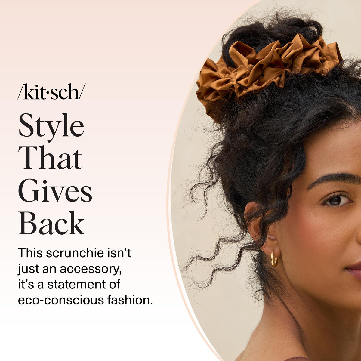 Kitsch Ruffle Satin Scrunchie Camel in a lifestyle setting