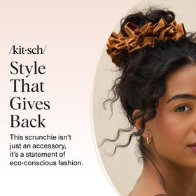 Kitsch Ruffle Satin Scrunchie Camel in a lifestyle setting