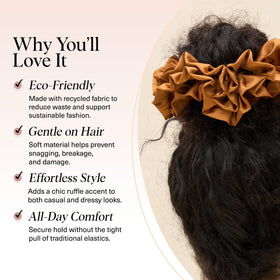 Kitsch Ruffle Satin Scrunchie Camel on a ponytail