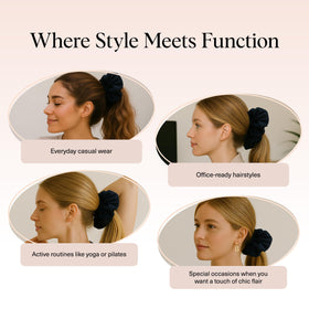 Kitsch Ruffle Satin Scrunchie in Black close-up