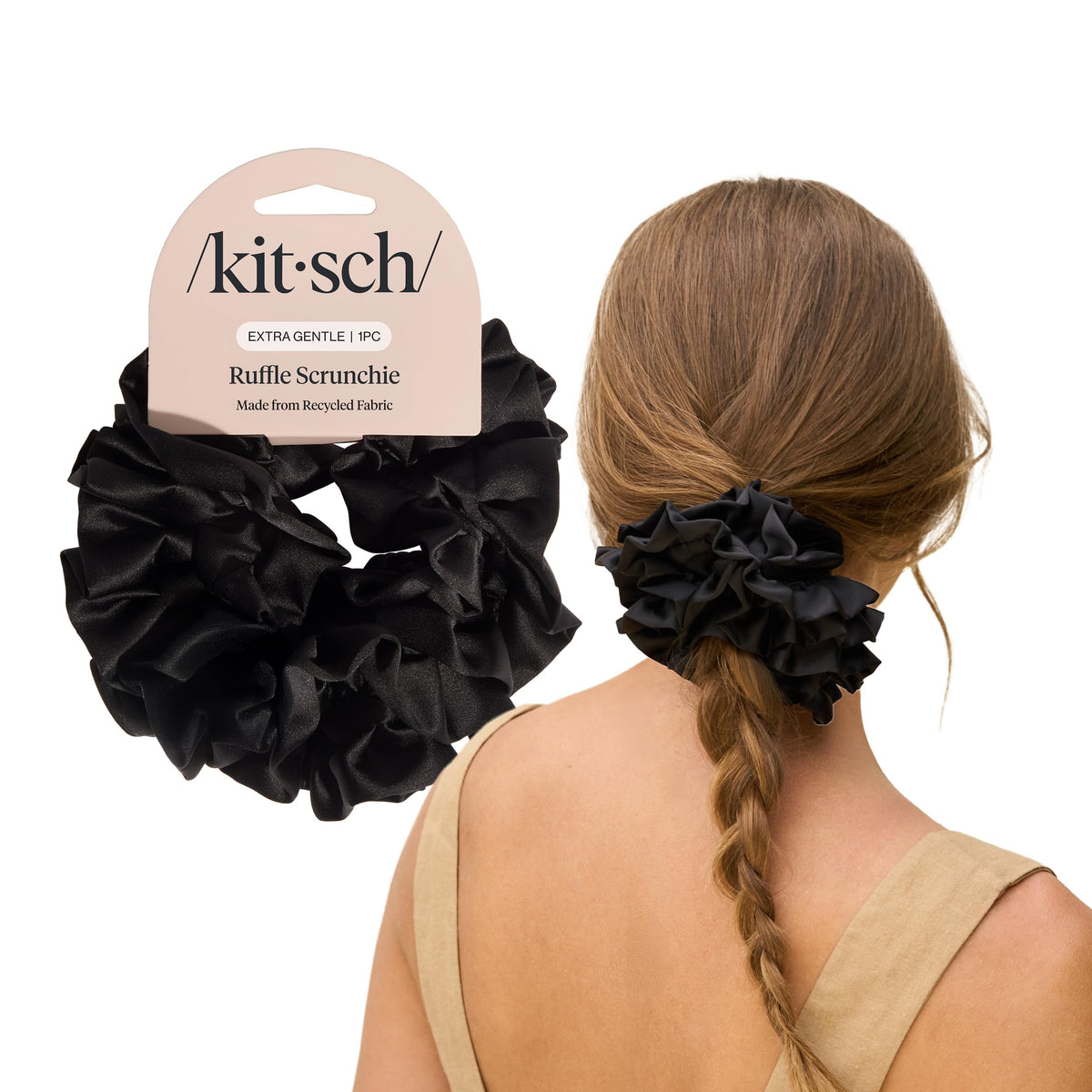 Kitsch Ruffle Satin Scrunchie in Black front view