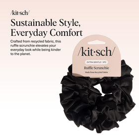 Kitsch Ruffle Satin Scrunchie in Black on a wrist