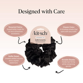 Kitsch Ruffle Satin Scrunchie in Black showing ruffled design