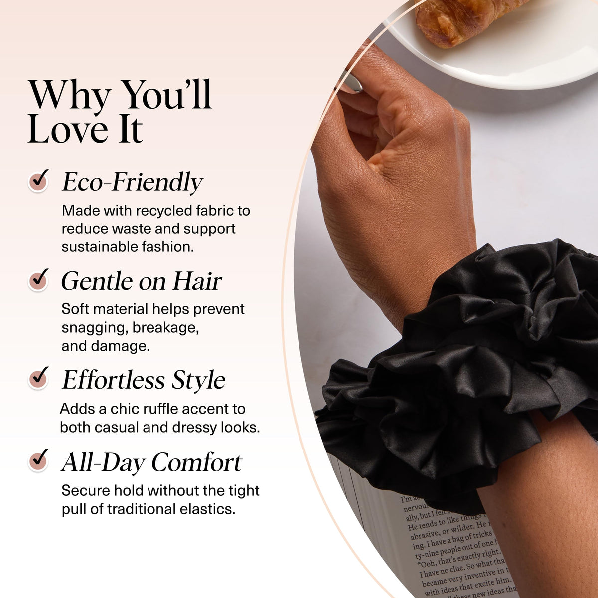 Kitsch Ruffle Satin Scrunchie in Black styled in a ponytail