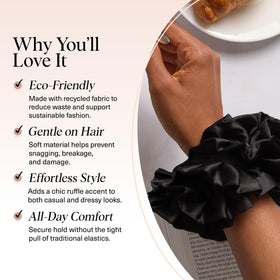 Kitsch Ruffle Satin Scrunchie in Black styled in a ponytail