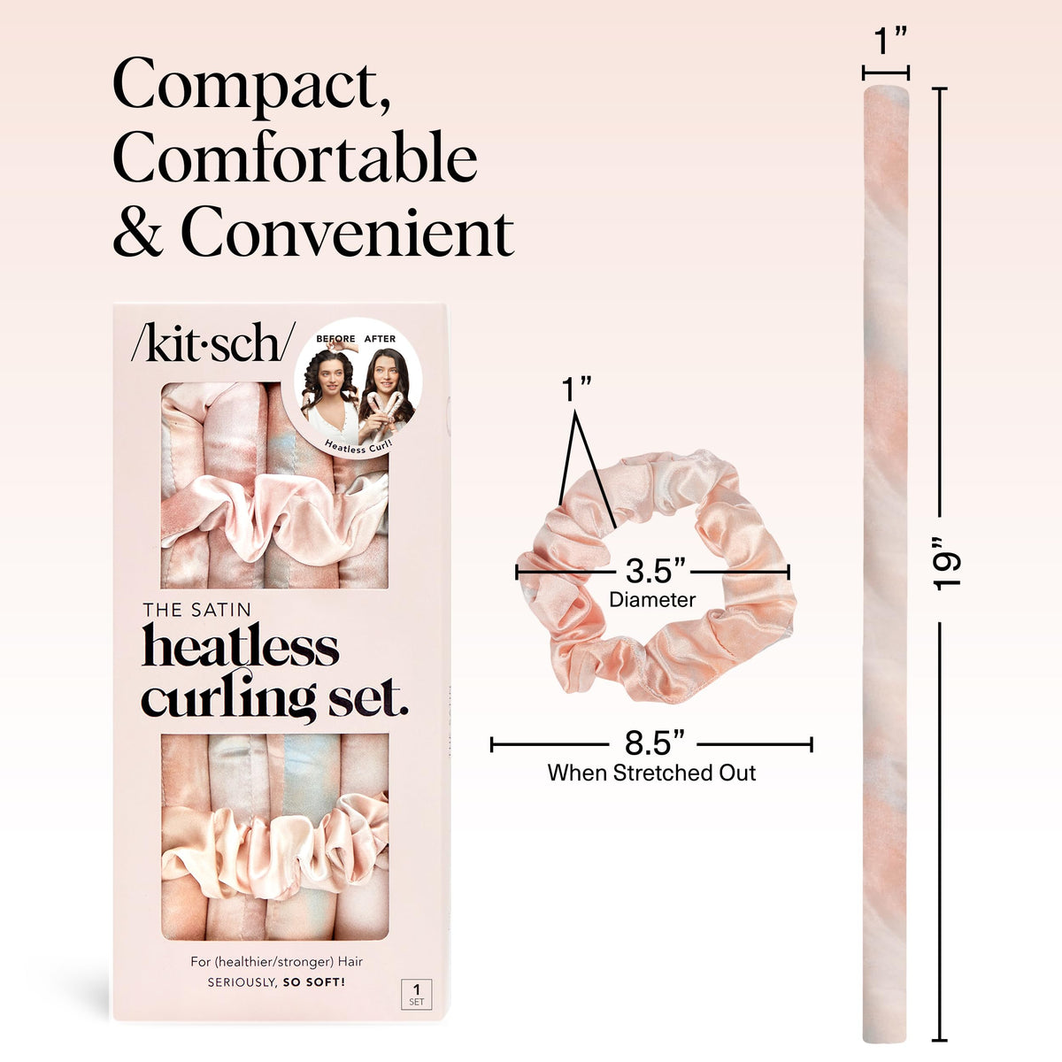 Kitsch satin heatless curler displayed on a vanity