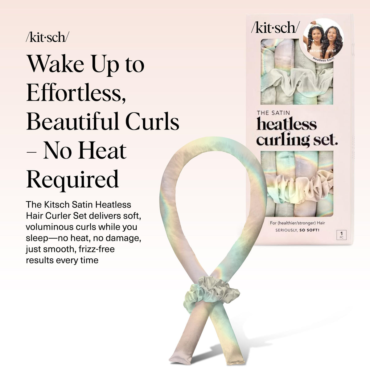 Kitsch satin heatless curling rod displayed with scrunchies
