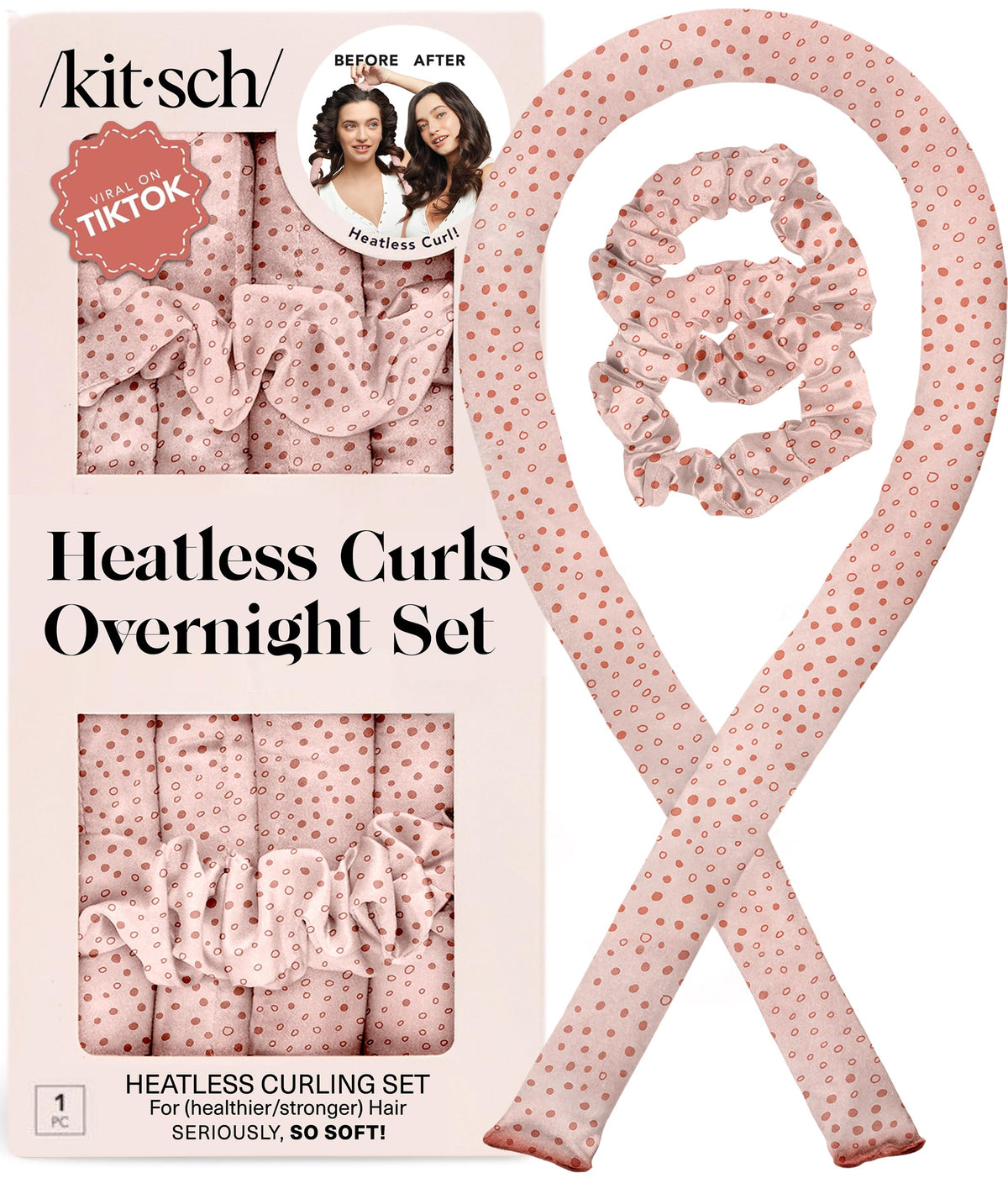 Kitsch Satin Heatless Curls Overnight Set front view with curling rod and scrunchies